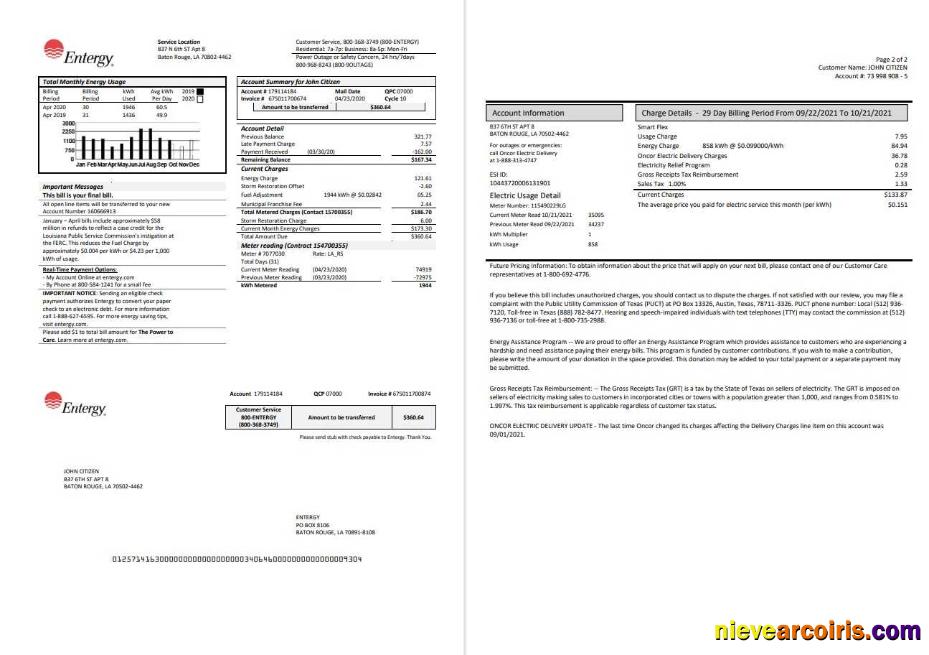 USA Entergy electricity utility bill 2 pages